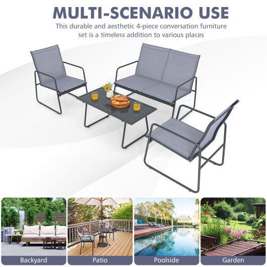 4 Pieces of Metal Patio Furniture Chat Set with Tempered Glass Coffee Table at Set Shop and Smile