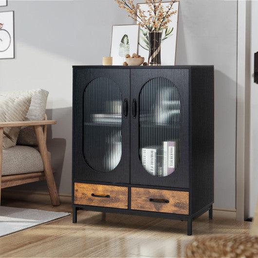 Kitchen Industrial Buffet Sideboard with Tempered Glass Doors-Black at Set Shop and Smile