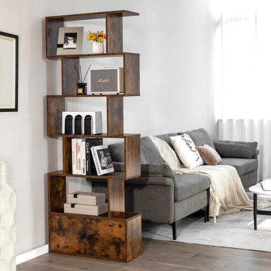 6-Tier S-Shaped Freestanding Bookshelf with Cabinet and Doors-Coffee at Set Shop and Smile