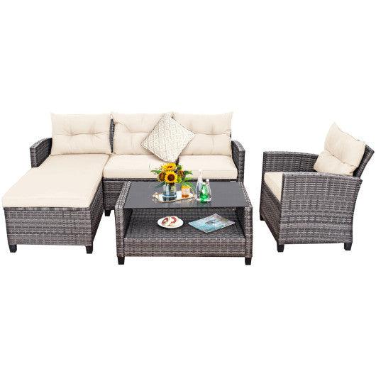 4 Pieces Patio Rattan Furniture Set with Cushion and Table Shelf-Off White at Set Shop and Smile