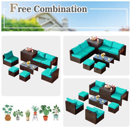 8 Pieces Patio Space-Saving Rattan Furniture Set with Storage Box and Waterproof Cover-Turquoise at Set Shop and Smile