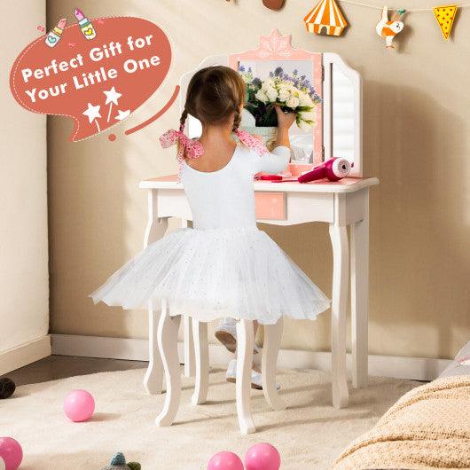 Princess Vanity Table and Chair Set with Tri-Folding Mirror and Snowflake Print-Pink at Set Shop and Smile