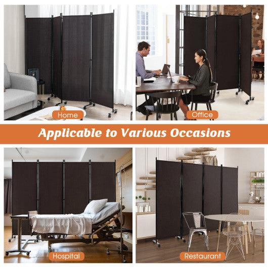 4-Panel Folding Room Divider 6 Feet Rolling Privacy Screen with Lockable Wheels-Brown at Set Shop and Smile