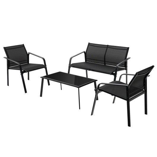 4 Pieces Patio Furniture Set with Armrest Loveseat Sofas and Glass Table Deck-Black at Set Shop and Smile
