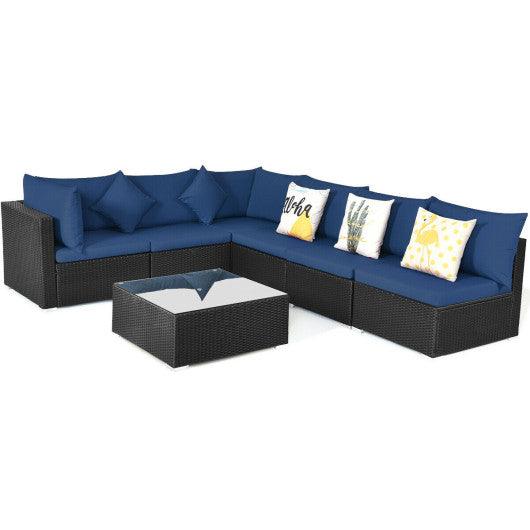 7-Piece Outdoor Sectional Wicker Patio Sofa Set with Tempered Glass Top-Navy at Set Shop and Smile