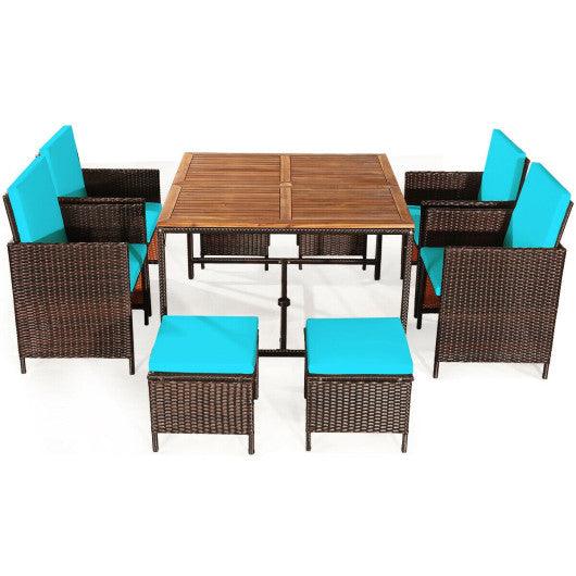 9 Pieces Patio Rattan Dining Cushioned Chairs Set-Turquoise at Set Shop and Smile