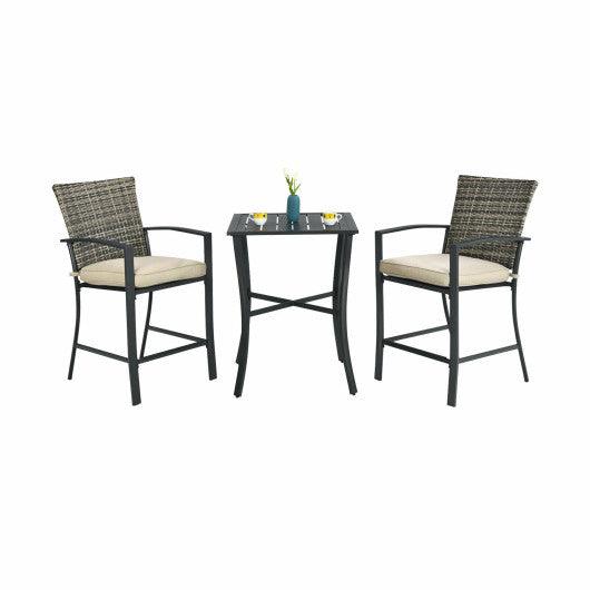 3 Pieces Patio Rattan Bar Furniture Set with Slat Table and 2 Cushioned Stools-Gray at Set Shop and Smile