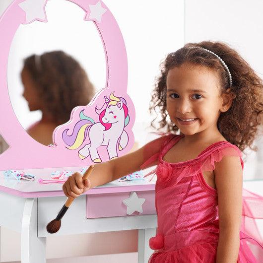 Kids Wooden Makeup Dressing Table and Chair Set with Mirror and Drawer-White at Set Shop and Smile