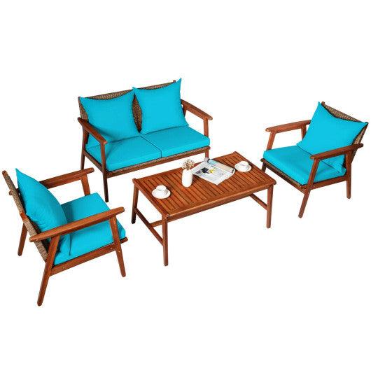 4 Pieces Acacia Wood Patio Rattan Furniture Set-Turquoise at Set Shop and Smile