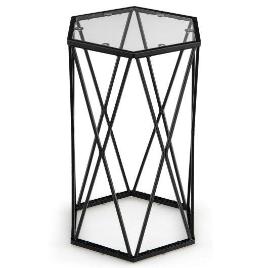 Hexagonal Accent End Table with Tempered Glass Top and Metal Frame at Set Shop and Smile