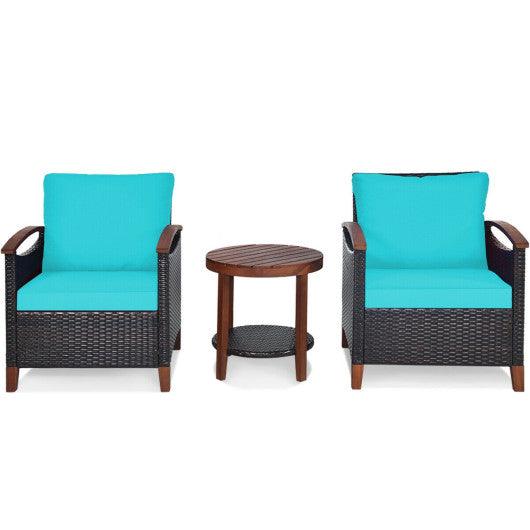 3 Pieces Patio Rattan Furniture Set with Washable Cushion and Acacia Wood Tabletop-Turquoise at Set Shop and Smile