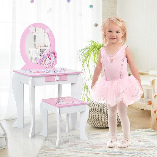 Kids Wooden Makeup Dressing Table and Chair Set with Mirror and Drawer-White at Set Shop and Smile
