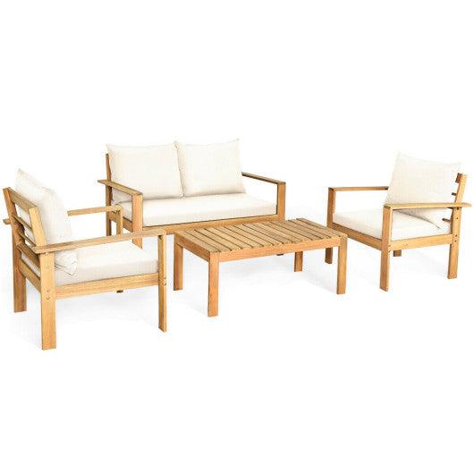 4 Pieces Patio Acacia Wood Thick Cushion Loveseat Sofa Set-White at Set Shop and Smile
