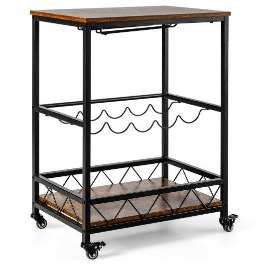 Kitchen Bar Cart Serving Trolley on Wheels with Wine Rack Glass Holder-Rustic Brown at Set Shop and Smile