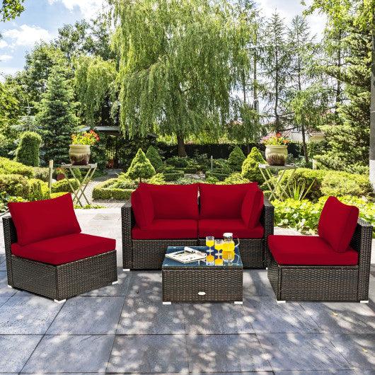 5 Pieces Cushioned Patio Rattan Furniture Set with Glass Table-Red at Set Shop and Smile