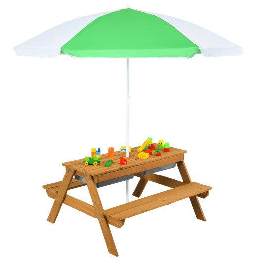 3-in-1 Kids Outdoor Picnic Water Sand Table with Umbrella Play Boxes at Set Shop and Smile
