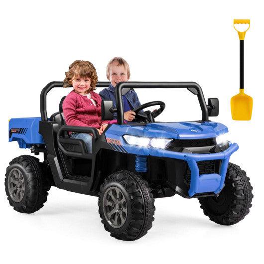2-Seater Kids Ride On Dump Truck with Dump Bed and Shovel-Blue at Set Shop and Smile