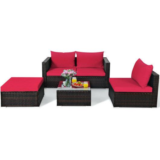 5 Pieces Patio Rattan Sectional Furniture Set with Cushions and Coffee Table-Red at Set Shop and Smile
