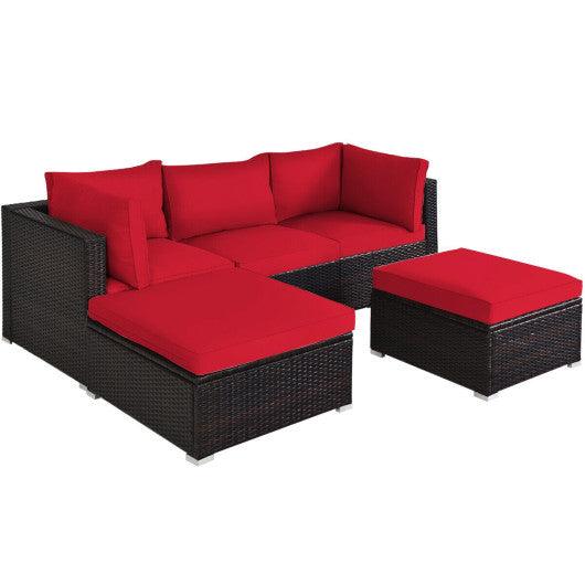 5 Pieces Patio Rattan Sofa Set with Cushion and Ottoman-Red at Set Shop and Smile