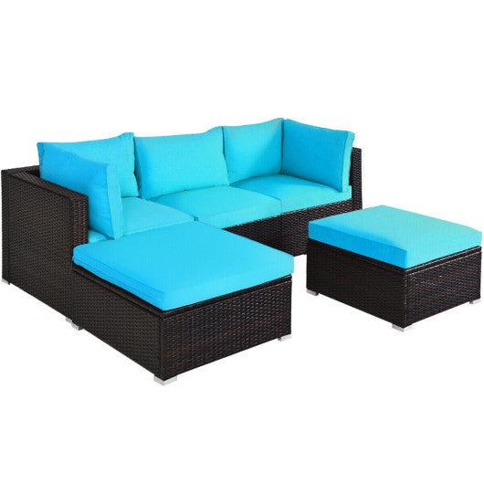 5 Pieces Patio Rattan Sectional Conversation Ottoman Furniture Set-Blue at Set Shop and Smile