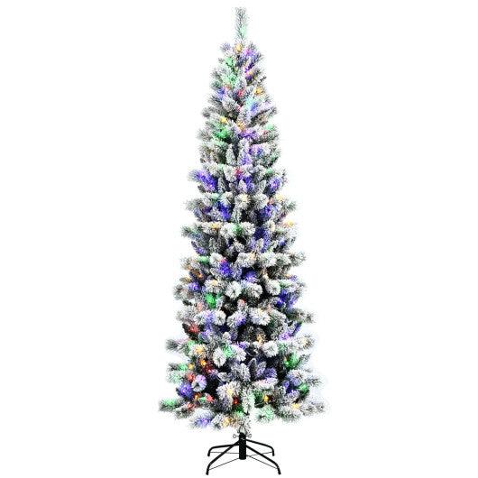 8 Feet Pre-Lit Hinged Snow Flocked Christmas Tree with Remote Control at Set Shop and Smile