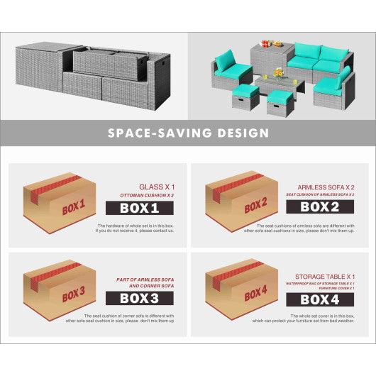 8 Pieces Patio Rattan Furniture Set with Storage Waterproof Cover and Cushion-Turquoise at Set Shop and Smile