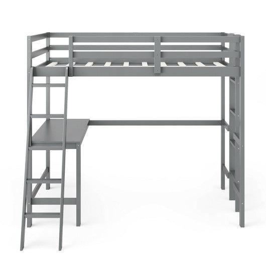 Twin Size Loft Bed Frame with Desk Angled and Built-in Ladder-Gray at Set Shop and Smile
