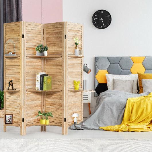 4 Panel Folding Room Divider Screen with 3 Display Shelves-Brown at Set Shop and Smile