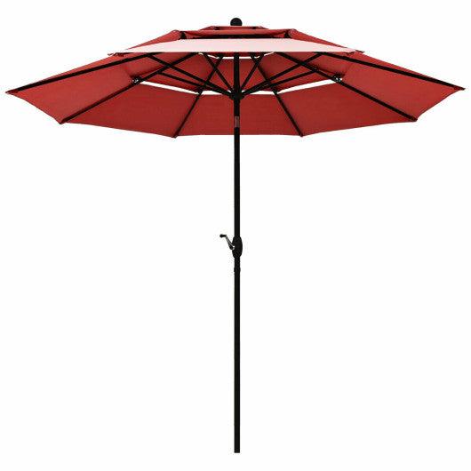 10ft 3 Tier Patio Umbrella Aluminum Sunshade Shelter Double Vented without Base-Burgundy at Set Shop and Smile