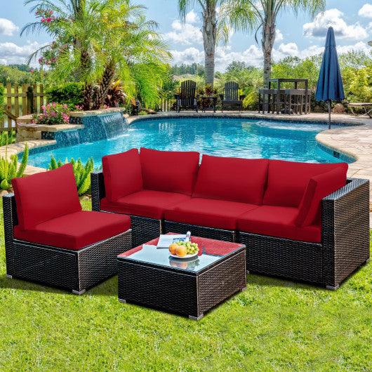5 Pieces Cushioned Patio Rattan Furniture Set with Glass Table-Red at Set Shop and Smile