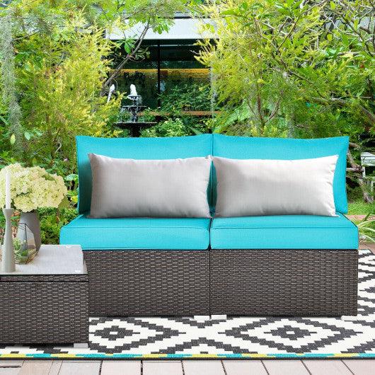2 Pieces Patio Rattan Armless Sofa Set with 2 Cushions and 2 Pillows-Blue at Set Shop and Smile