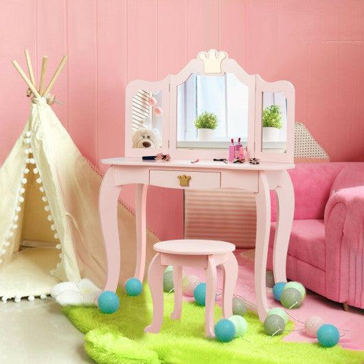 Kids Makeup Dressing Table with Tri-folding Mirror and Stool-Pink at Set Shop and Smile
