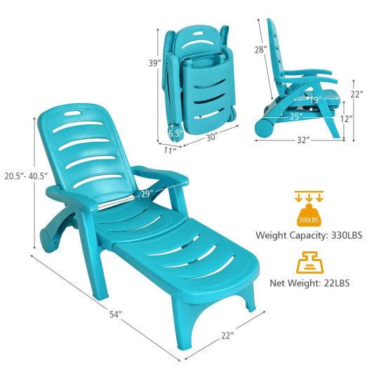 5 Position Adjustable Folding Lounger Chaise Chair on Wheels-Turquoise at Set Shop and Smile