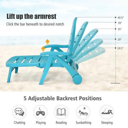 5 Position Adjustable Folding Lounger Chaise Chair on Wheels-Turquoise at Set Shop and Smile