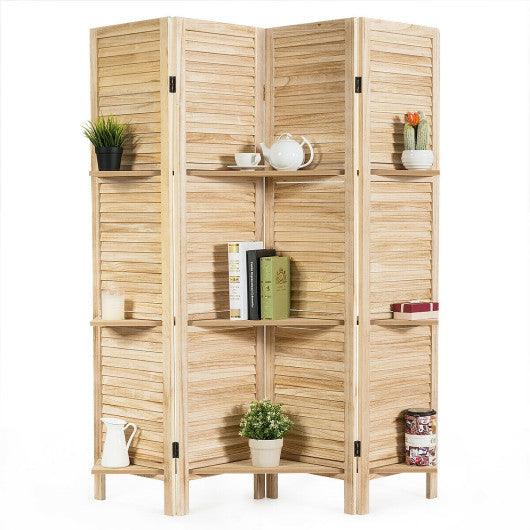 4 Panel Folding Room Divider Screen with 3 Display Shelves-Brown at Set Shop and Smile