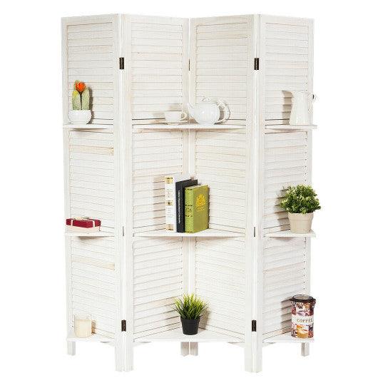 4 Panel Folding Room Divider Screen with 3 Display Shelves-White at Set Shop and Smile