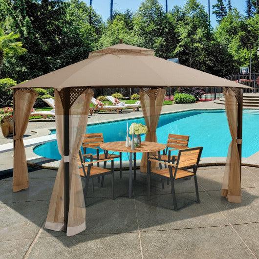 12 x 10 Feet Outdoor Double Top Patio Gazebo with Netting-Brown at Set Shop and Smile