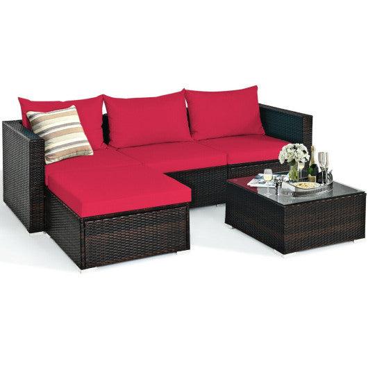 5 Pieces Patio Rattan Sectional Furniture Set with Cushions and Coffee Table-Red at Set Shop and Smile