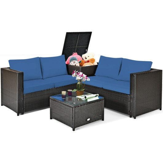 4 Pieces Outdoor Patio Rattan Furniture Set with Cushioned Loveseat and Storage Box-Navy at Set Shop and Smile