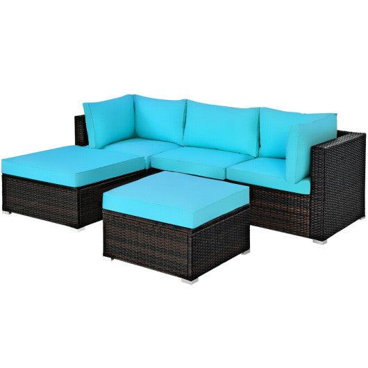 5 Pieces Patio Rattan Sectional Conversation Ottoman Furniture Set-Blue at Set Shop and Smile