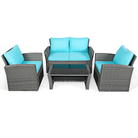 4 Pieces Patio Rattan Furniture Set Sofa Table with Storage Shelf Cushion-Turquoise at Set Shop and Smile