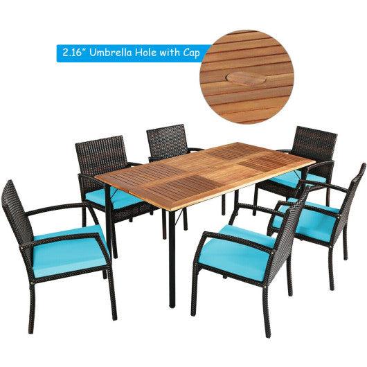 7Pcs Patio Rattan Cushioned Dining Set with Umbrella Hole-Turquoise at Set Shop and Smile
