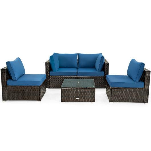 5 Pieces Cushioned Patio Rattan Furniture Set with Glass Table-Navy at Set Shop and Smile