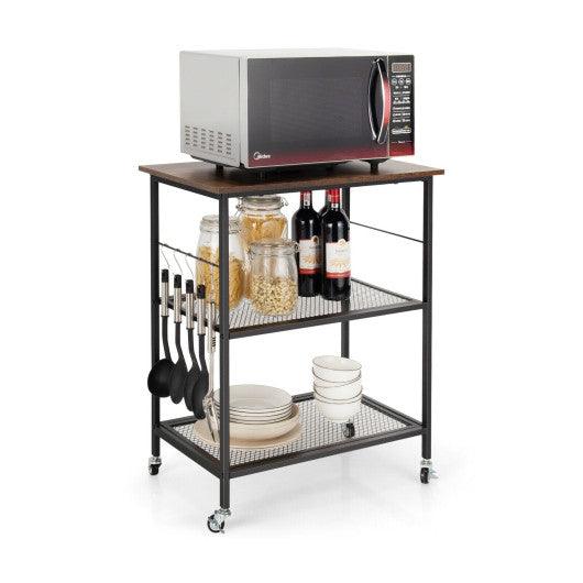 3-Tier Kitchen Serving Cart Utility Standing Microwave Rack with Hooks Brown at Set Shop and Smile