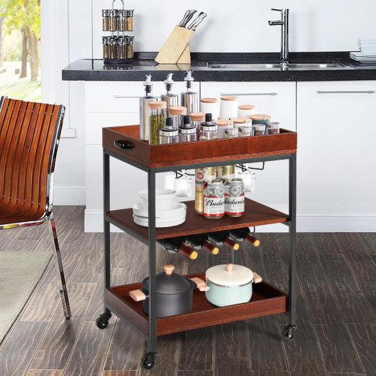 3 Tiers Kitchen Island Serving Bar Cart with Glasses Holder and Wine Bottle Rack at Set Shop and Smile