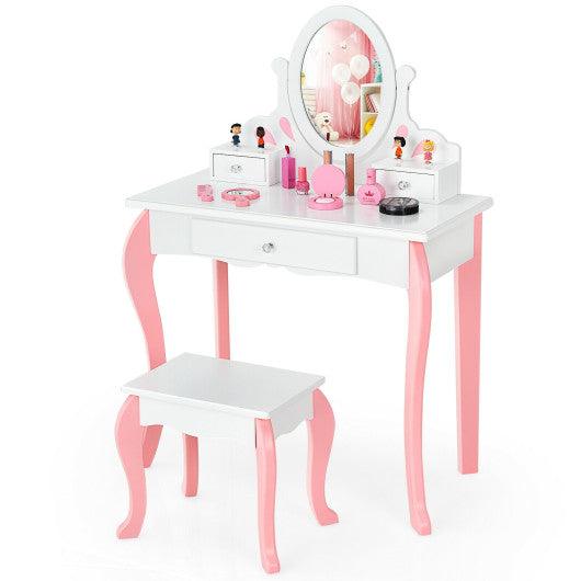 Kids Vanity Princess Makeup Dressing Table Stool Set with Mirror and Drawer-White at Set Shop and Smile