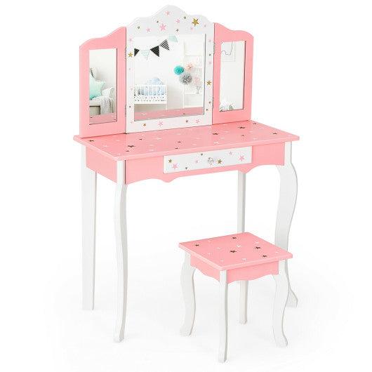 Kids Princess Vanity Table and Stool Set with Tri-folding Mirror and Drawer-Pink at Set Shop and Smile