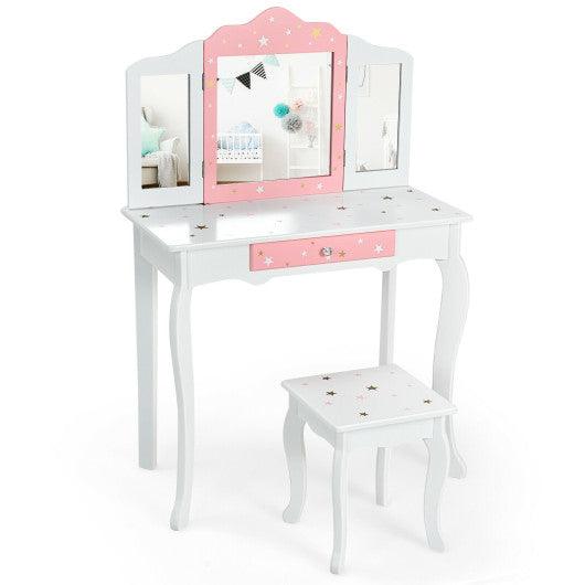 Kids Princess Vanity Table and Stool Set with Tri-folding Mirror and Drawer-White at Set Shop and Smile