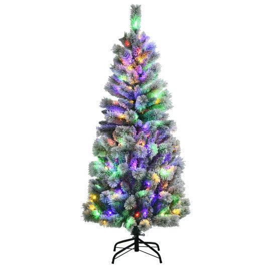 5 Feet Pre-Lit Hinged Christmas Tree Snow Flocked with 9 Modes Remote Control Lights at Set Shop and Smile
