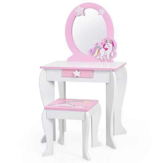 Kids Wooden Makeup Dressing Table and Chair Set with Mirror and Drawer-White at Set Shop and Smile